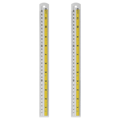 HARFINGTON 2pcs Metal Straight Ruler 30cm Metric SAE Aluminum Alloy Measuring Rulers Scale Tool with Hole for Measure Study Reading Classroom Office, Yellow