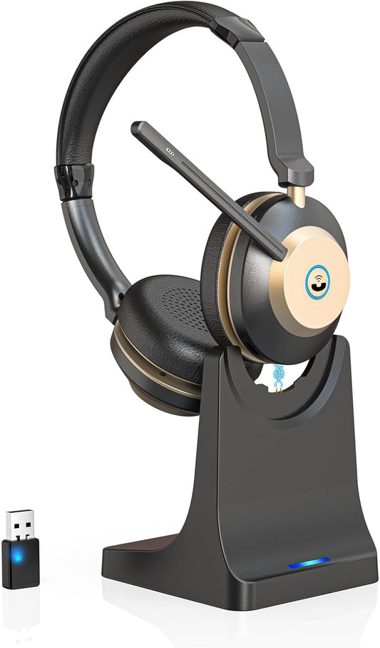 Earbay Wireless Headset with Mic for Work, Bluetooth Headset V5.3, AI Noise Cancelling Mic & 2.4G USB Dongle, 50 Hrs Work Time Wireless Headphones with Mic Mute for Work from Home/Call Center/Teams