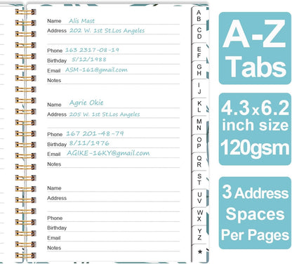 Address Book with Alphabetical Tabs - Small Address Book Spiral with Address Contacts, Special Date, Phone, Birthday & Internet Login Password for Home and Office, 4.3" x 6.2", Teal Leaf