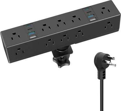 40W Fast Charging Station, VILONG Desk Clamp Power Strip, Desktop Mount Surge Protector, 8 USB Ports(4 USB-C), 10 AC Outlets and 6Ft Cord, for Home, Office, Fit 1.6" Tabletop Edge