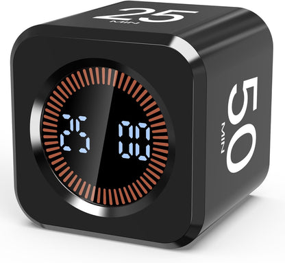 Pomodoro Timer Cube Visual Productivity Flip Timer for Kids Classroom Desk, 5/10/25/50min& Custom Countdown, Silent&Sound Mode Digital Cube for ADHD Study Work School Game Kitchen (Black)