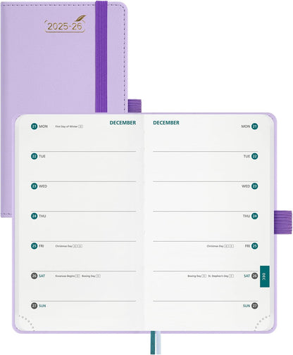 BEZEND Pocket Planner 2025-2026 Weekly with 2 Columns, 18-Month Academic Calendar (Jul 25-Dec 26), Life Work Appointment, Storage Pocket, Pen Holder, PU Leather Hardcover 3.5" x 6" - Lilac