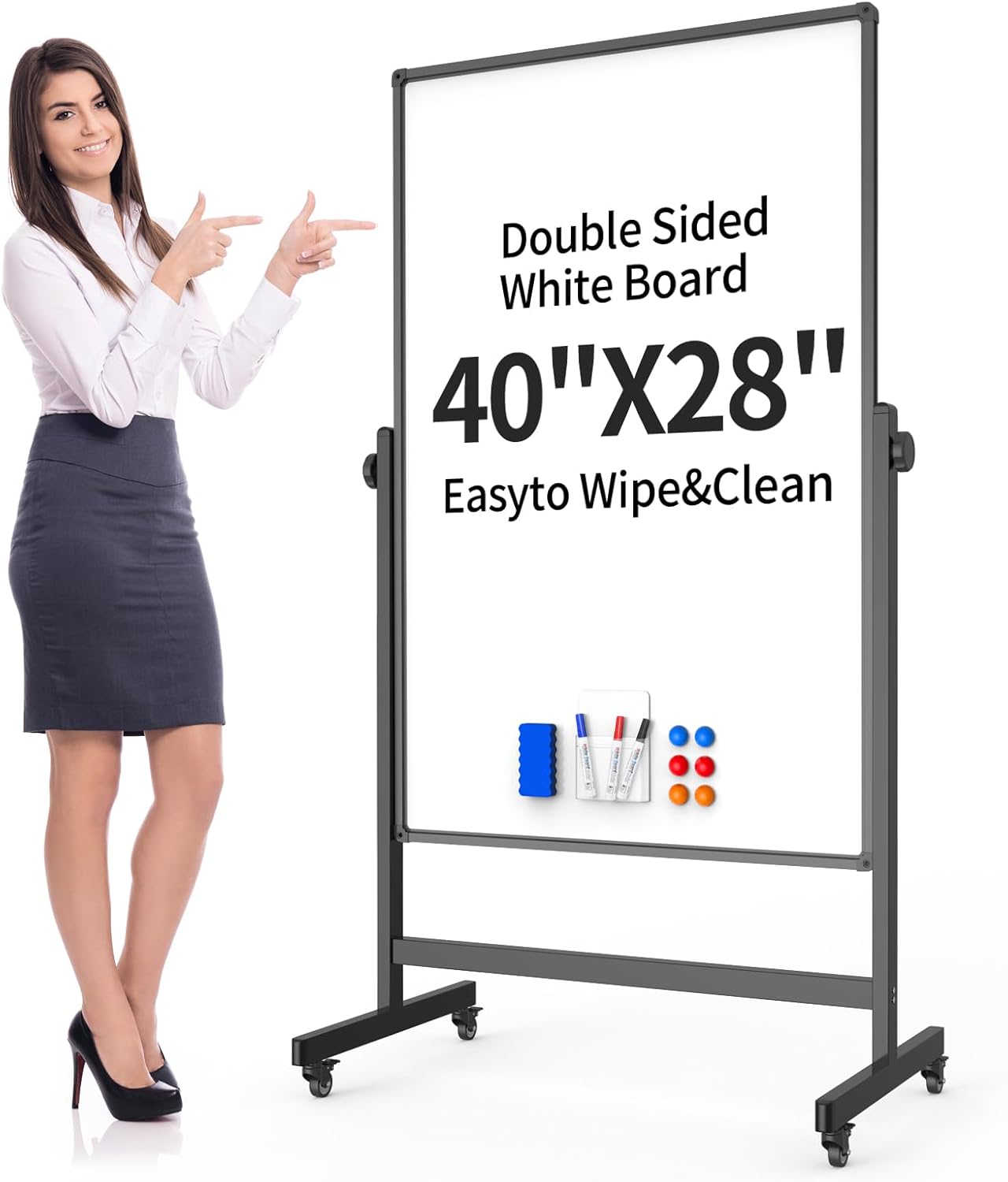 Rolling Whiteboard 40x28 Inches - Adjustable Height Standing Easel Whiteboard on Wheels for Home, Office, Classroom Black