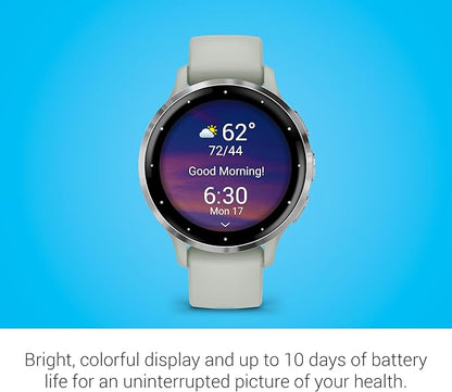 Garmin Venu 3S Running GPS Smartwatch with AMOLED Display, Advanced Health, Fitness Features, Up to 14 Day Battery Life with Signature Power Bundle | Silver with Sage Gray Silicone Band