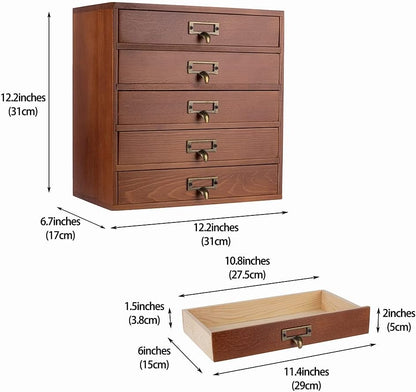 Desktop Drawer Organizer - Wooden Card Catalog Cabinet with Small Drawers - Vintage Rustic Desk Organizer (S-BROWN)