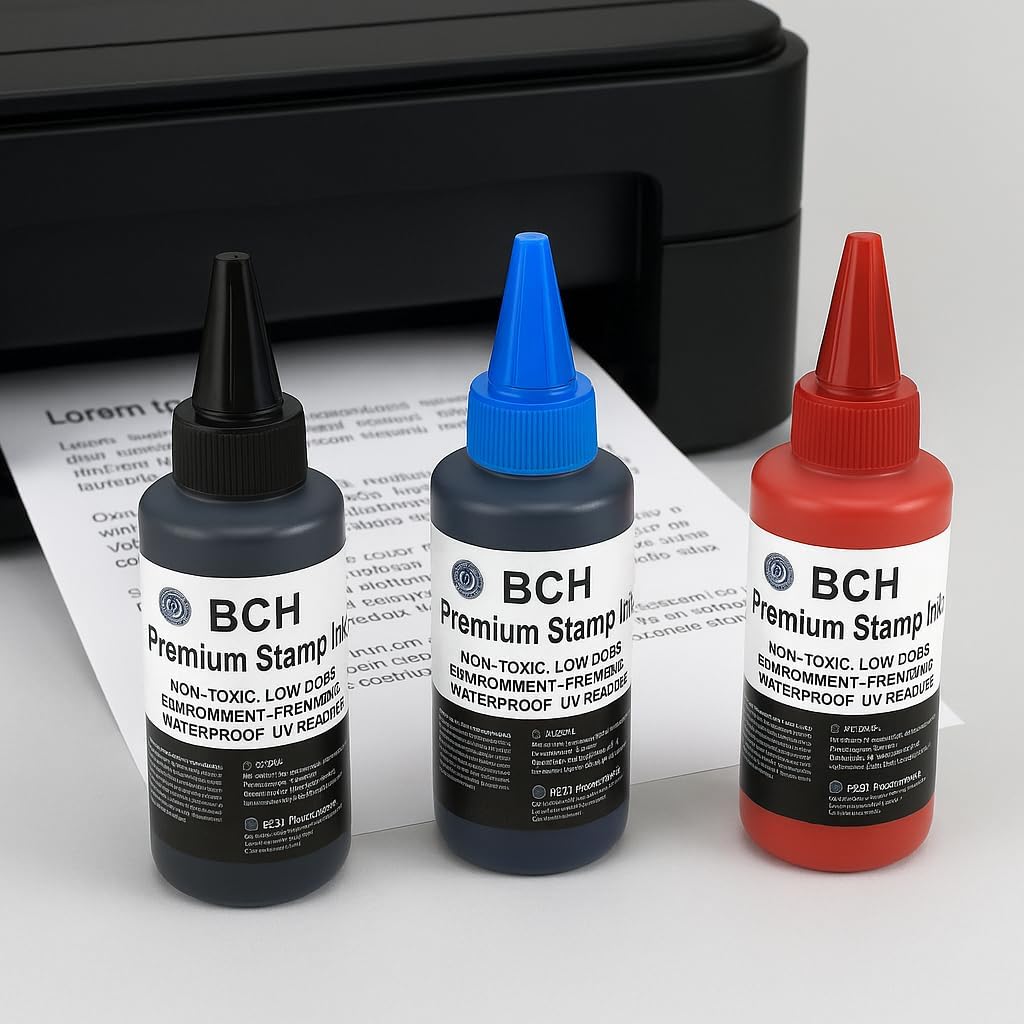 BCH Premium Stamp Ink Refill – Black, Blue & Red Ink Colors – Long-Lasting, Quick-Drying, Waterproof Ink Refill for Rubber & Self-Inking Stamps – 75 ml Each Bottle (225 ml Total)