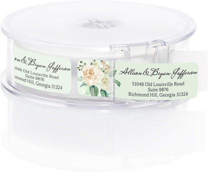Green Watercolor Floral Rolled Address Labels / 500 Personalized Return Address Labels/Designer Address Stickers in Elegant Plastic Dispenser