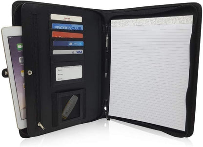 Matt Black Zippered Portfolio Binder - PU Leather Business Portfolio Organizer - Padfolio for Men & Women with US Letter Notepad, 10.5 Inch Tablet Pocket & Gift Box by Lautus Designs