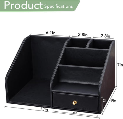 GORESE PU Leather Desk Organizer, File Organizer with Drawer and 4 Compartments, Desktop Organization with Magazine file Holder for Office Supplies, Elegant Gift for Men Who Have Everything, Black
