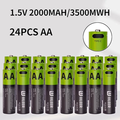 2000mAh USB-C Rechargeable AA Batteries, 1200 Cycles Life, Fast Charging with Type-C Cable, for Gaming Controllers, Mouse, Keyboard & Home Electronics, Black Green (24)