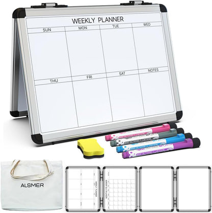 4 Sided Foldable Whiteboards Calendar, 17"x13" Desktop Whiteboard, Integrating with Monthly and Weekly Planner, Multi-Functional Whiteboard Suitable for Home, School and Office.