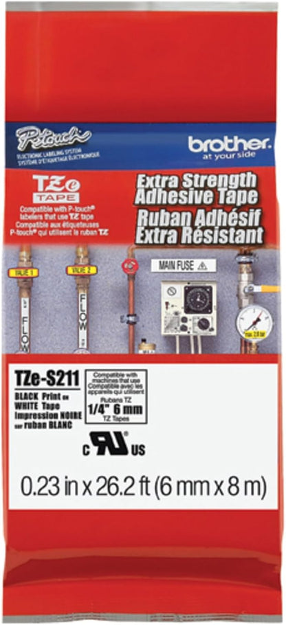 Brother Genuine P-touch TZE-S211 Tape, 1/4" (0.23") Wide Extra-Strength Adhesive Laminated Tape, Black on White, Laminated for Indoor or Outdoor Use, Water-Resistant,0.23" x 26.2' (6mm x 8M), TZE-S211