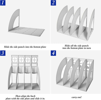 SAYEEC File Holder Storage Folder 4 Compartment Standing Desktop Hollow Organizer Files Shelf Plastic Notebook Magazine for Office School Home Supplier Students (Random Light Gray OR Blue)