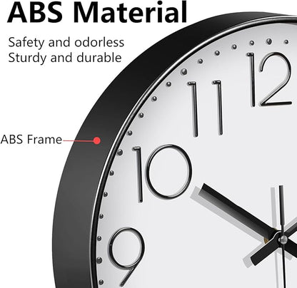 Wall Clock, Silent Wall Clocks Battery Operated 10 Inch Modern Non Ticking Analog Clock with Large Numerals Tempered Glass Clocks for Bedroom, Living Room, Kitchen, Office Decor, White Black