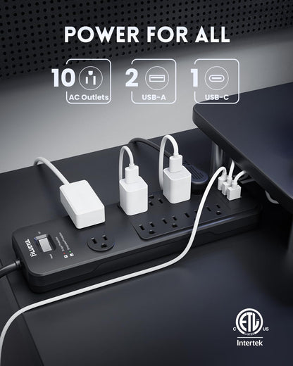Surge Protector Power Strip 25FT, PLUGTUL Surge Protector with 10 Outlets - Spacious Design for Large Plugs, Flat Plug, 20W USB C Charging for Home, Office, ETL Listed, 2040J