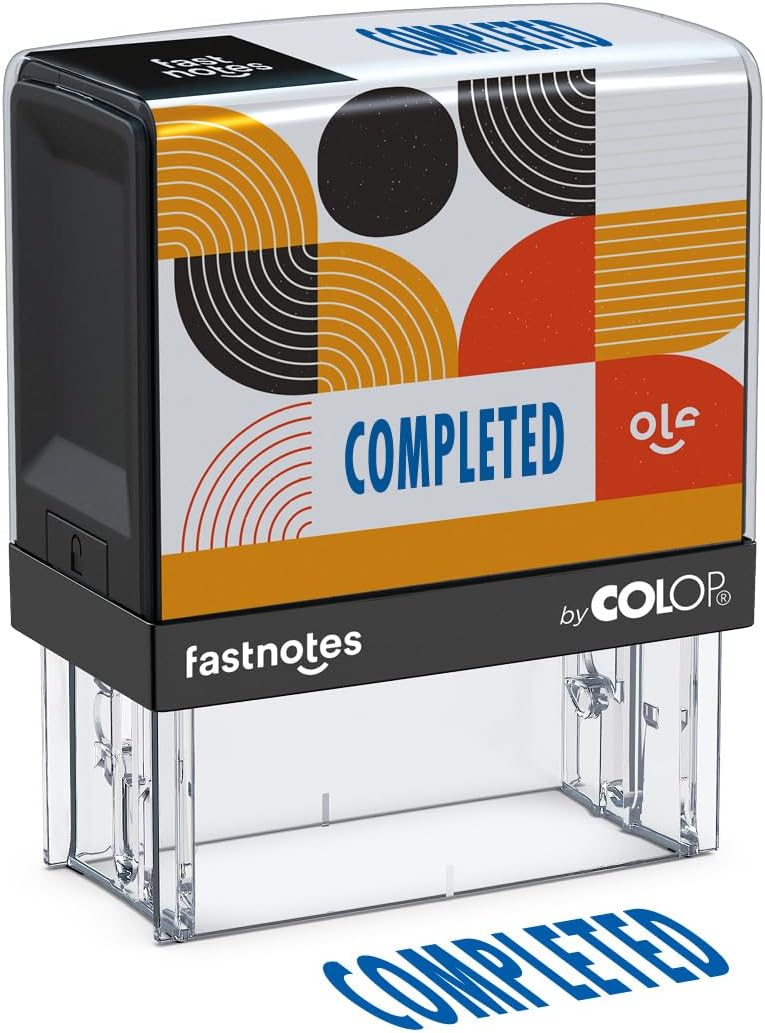 Fastnotes Completed Self-Inking Rubber Stamp by COLOP - Great for Office Documents, Notary, Warehouse, Accounting Paperwork, Business, and Legal Documentation - Blue Ink (Completed- Blue)