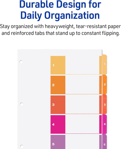 Avery Dividers for 3 Ring Binders, 5 Tabs per Set, Customizable Table of Contents, Multicolor Tabs, Great for Organizing Reports, Projects, and More (3 Sets of 11070)