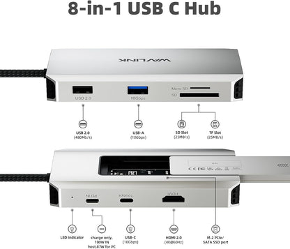 WAVLINK USB-C Hub, 10Gbps USB-C Hub with M.2 PCIe/SATA SSD Port, HDMI, 100W PD, USB-A&C 3.2/2.0, SD&TF Compatible with MacBook/Chromebook/Dell/HP/Lenovo