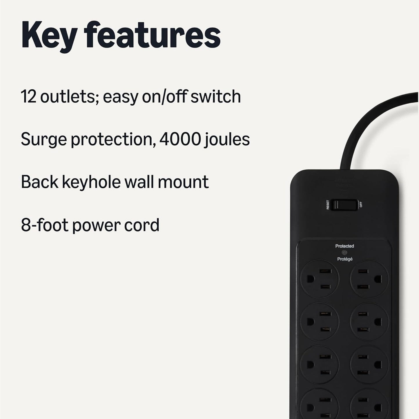 Amazon Basics Surge Protector Power Strip, 12-Outlet, 4000 Joules, 8ft Extension Cord, Rectangle, for Home, Office, Gaming Room, Black