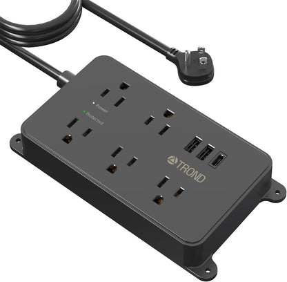 TROND Surge Protector Power Strip with USB, 10ft Extension Cord, ETL Listed, 5 Widely-Spaced Outlets with 3 USB Ports, 1300J, Low-Profile Flat Plug, Wall Mountable, 14AWG Heavy Duty, Black