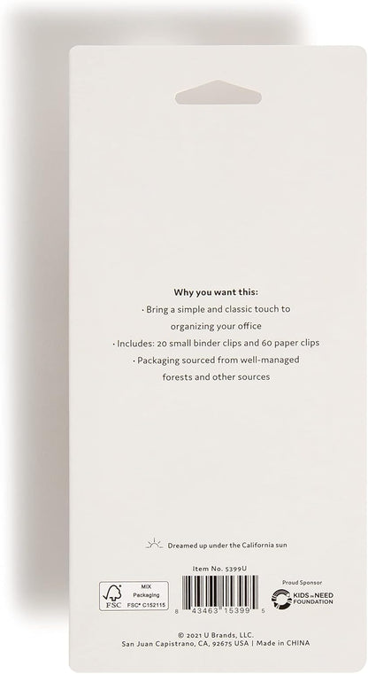 U Brands Classic Clips Set, Office Supplies, Black and White with Gold, Office Supplies, Paper and Binder Clips, 80 Count