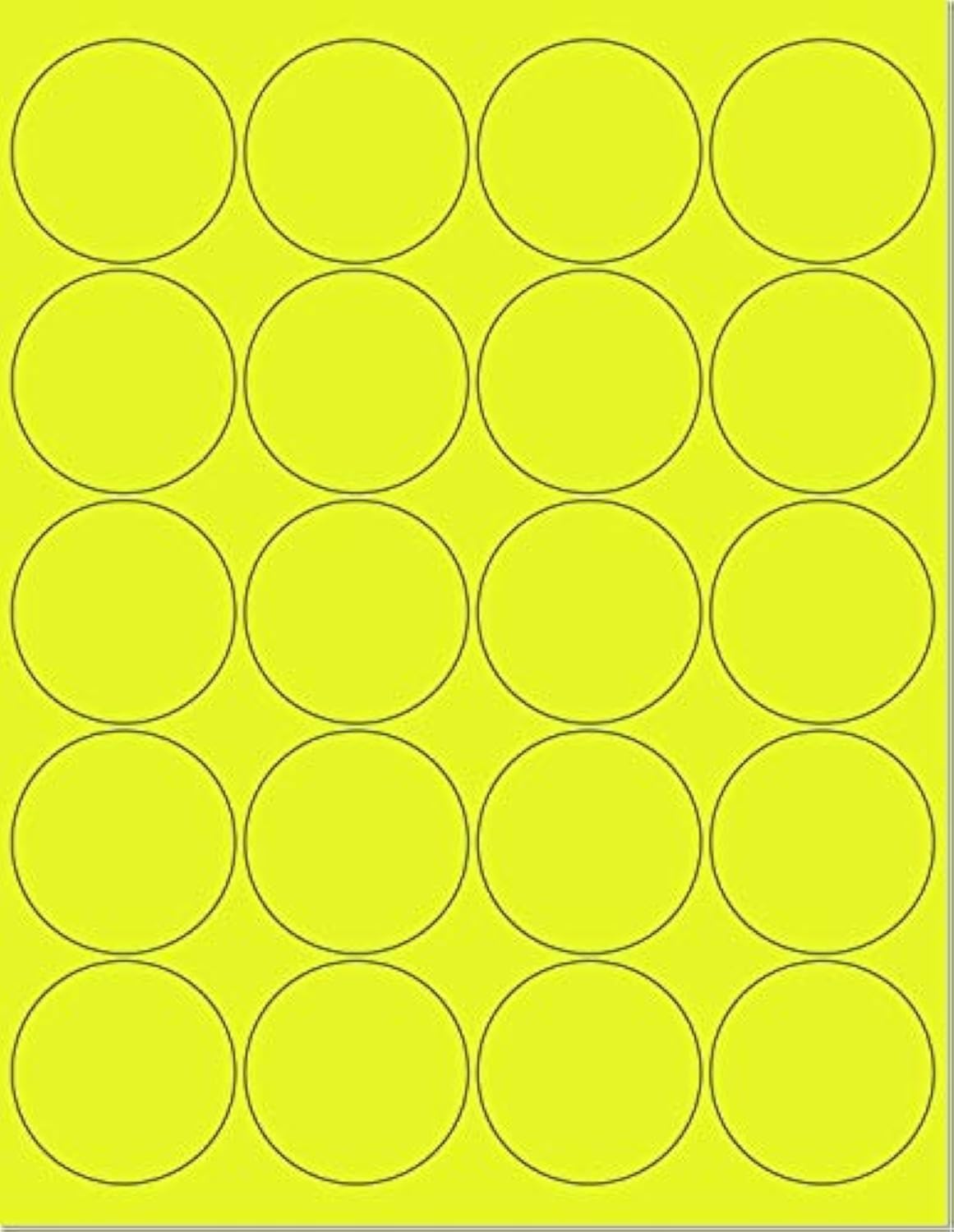 Pack of 50 Sheets, 8-1/2 x 11" Fluorescent Labels for Laser & Inkjet Printer Yellow Fluorescent, (2" Round - 20 Per Sheet, 1000 Label)