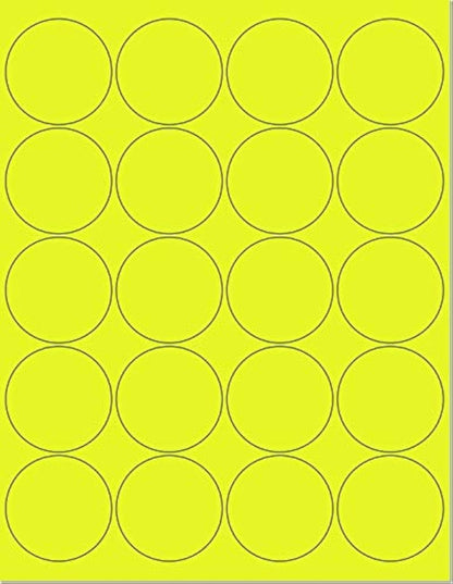 Pack of 50 Sheets, 8-1/2 x 11" Fluorescent Labels for Laser & Inkjet Printer Yellow Fluorescent, (2" Round - 20 Per Sheet, 1000 Label)