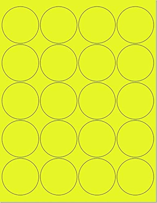 Pack of 50 Sheets, 8-1/2 x 11" Fluorescent Labels for Laser & Inkjet Printer Yellow Fluorescent, (2" Round - 20 Per Sheet, 1000 Label)