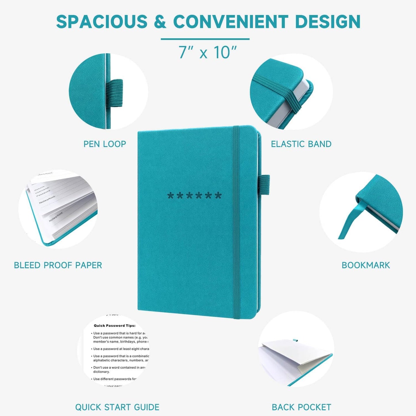 Password Book with Alphabetical Tabs – Hardcover Internet Address & Password Organizer – Password Keeper Notebook for Computer & Website – 7 x 10" Log-in Password Journal w/Thick Paper (Turquoise)