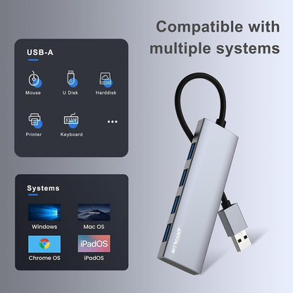 USB Hub, USB 3.0 Hub Aluminum Alloy Ultra Slim USB Splitter, Portable 4 Port USB Extender, USB Hub for Laptop, PC, MacBook, iMac, Surface Pro, Mac Pro, Flash Drive, XPS 【Grey】
