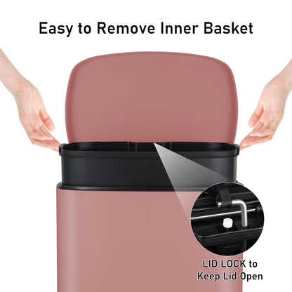 Arlopu 13.2+1.3 Gallon Step Trash Can, Stainless Steel Garbage Bin, Soft-Close Rubbish Bin with Removable Plastic Inner Bucket, Fingerprint-Proof, Lid Dustbin, for Kitchen Home (Pink)