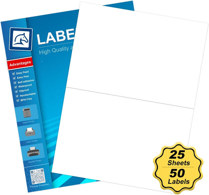 Half Sheet Self Adhesive Shipping Labels for Laser & Inkjet Printers 8.5" x 5.5", White Blank Mailing Labels Strong Adhesive Sticker Labels (25 Sheets,50 Labels)（HB-R002）