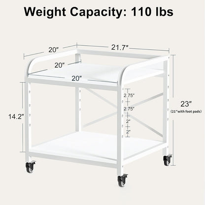 20 Inches Large Printer Stand, 2-Tier Under Desk Printer Table with Height Adjustable Shelf, Rolling Printer Cart with Industrial Wheels for Home Office (White)