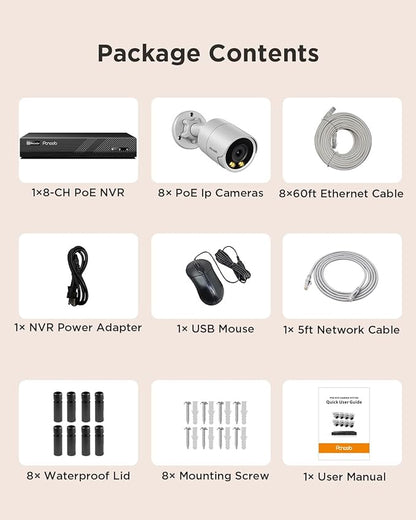 PoE Security Camera System 4K, 8X 8MP Wired Bullet IP PoE Cameras Outdoor Built-in Microphone, AI Human Vehicle Detection, 4K/8MP 8CH NVR 2TB HDD, Smart Color Night Vision, PB38F0808-8M
