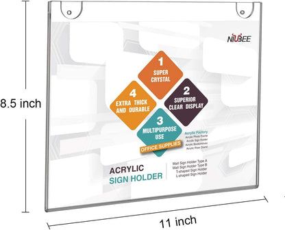 NIUBEE 12-Packs Acrylic Wall Sign Holder 8.5x11 Horizontal, Clear Plastic Picture Frames , Wall Mounted Design.