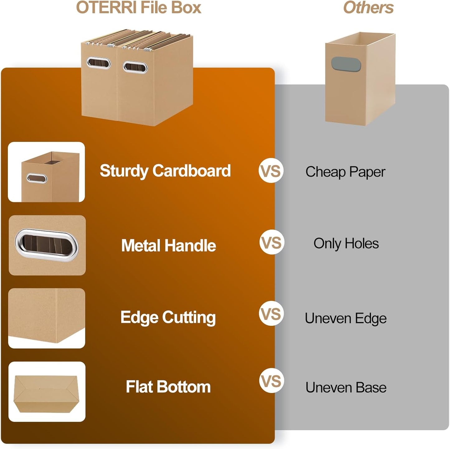 Oterri File Organizer, 8 Packs Small Storage Box, Cardboard File Folder Organizer, Collapsible File Box for Hanging File Folders Letter Size, Portable Filing Organizer with Handle (Brown)
