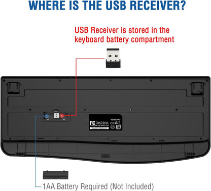 EDJO Wireless Keyboard, 2.4G Ergonomic Full Size Wireless Computer Keyboard with Wrist Rest for Windows, Mac OS Desktop/Laptop/PC（Black）