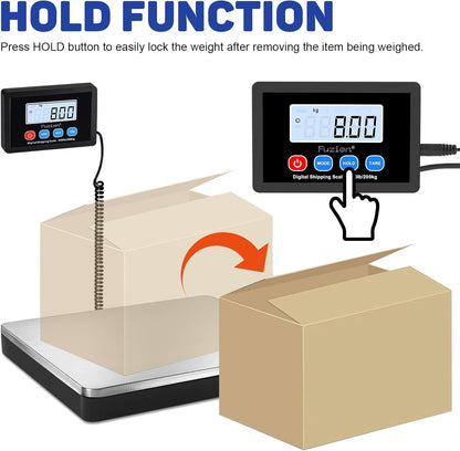 Fuzion Shipping Scale 440lb x 10g Accuracy, Postal Scale with Hold/Tare, Digital Shipping Scale for Packages Small Business, Luggage, Battery & AC/DC Adapter