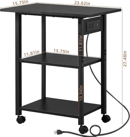 Lerliuo 3-Tier Printer Stand with Charging Station, Industrial Mobile Printer Table with Storage Shelf and Steel Frame, Rolling Printer Cart Holder with Lockable Wheels for Home, Office (Black)