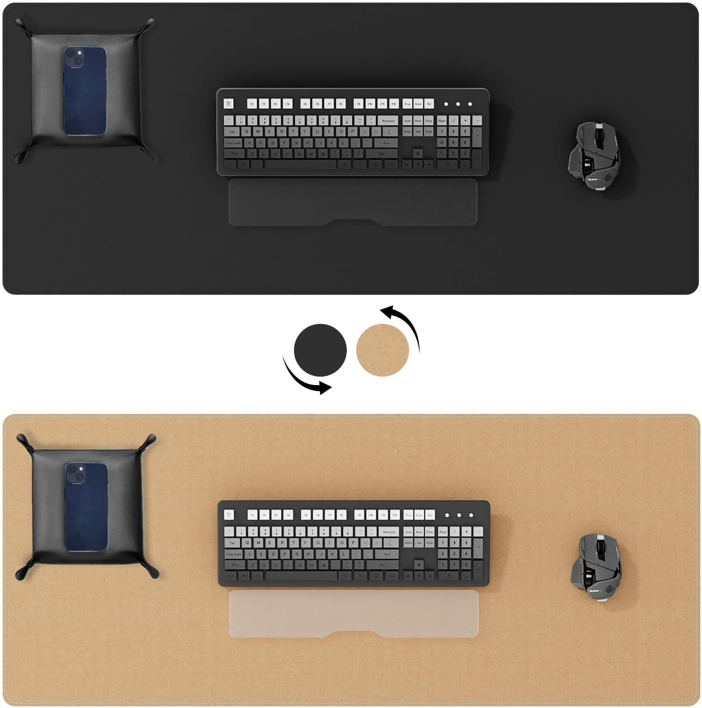 DAWNTREES Dual Sided Desk Mat,Leather Desk Pad,47.2''x15.8'',Cork Desk Mat Protector,with PU Leather Valet Tray Organizer,Large Mouse Pad,Desk Writing Pad for Office and Home(Black)