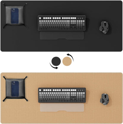 DAWNTREES Dual Sided Desk Mat,Leather Desk Pad,Black 35.5"x17",Cork Desk Mat Protector,with PU Leather Valet Tray Organizer,Large Mouse Pad,Desk Writing Pad for Office and Home