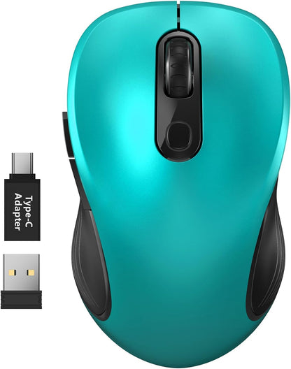 WisFox 2.4G Wireless Mouse for Laptop, Ergonomic Computer Mouse with USB Receiver and Type-C Adapter, 3 Adjustable Levels, 6 Button Cordless Wireless Mice for Windows Mac PC Notebook (Green)