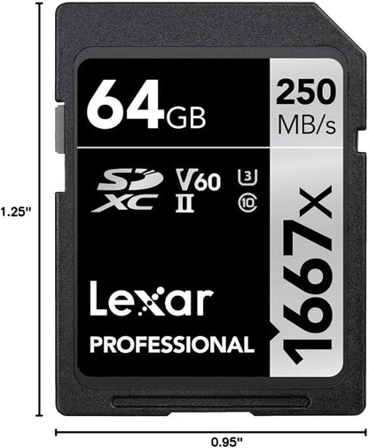 Lexar 64GB Professional 1667x SD Card, UHS-II, C10, U3, V60, Full HD, 4K, Up To 250MB/s Read SDXC Memory Card, for Professional Photographer, Videographer, Enthusiast (LSD64GCBNA1667)