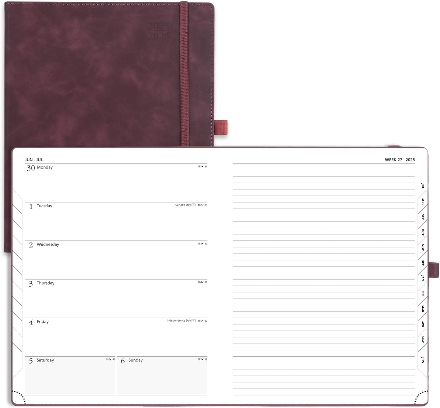 POPRUN Planner 2025-2026 Weekly Notebook (Large 8.5''x 10.5'') Academic Calendar (JUL.25 - JUN.26) Appointment Book with Monthly Tabs, Leather Soft Cover, Inner Pocket, 100 GSM - Claret