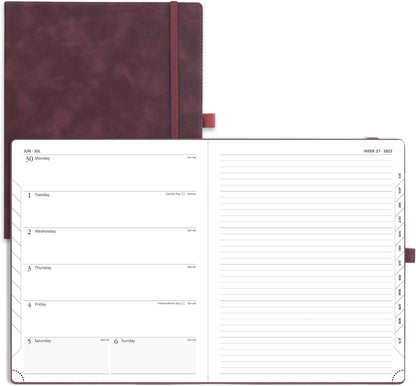 POPRUN Planner 2025-2026 Weekly Notebook (Large 8.5''x 10.5'') Academic Calendar (JUL.25 - JUN.26) Appointment Book with Monthly Tabs, Leather Soft Cover, Inner Pocket, 100 GSM - Claret