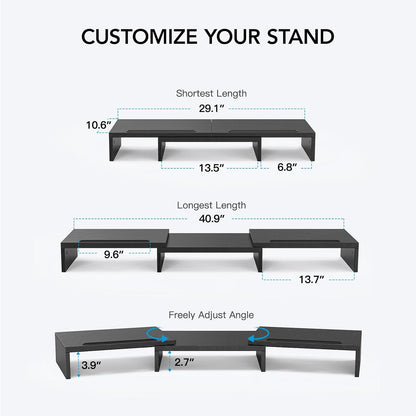 HUANUO Dual Monitor Stand Riser, Adjustable Monitor Stand for Desk with 2 Slot, Desktop Organizer Stand for 2 Monitors, Multi-Purpose Desk Shelf Monitor Stand Riser for Computer, Laptop, PC, Black