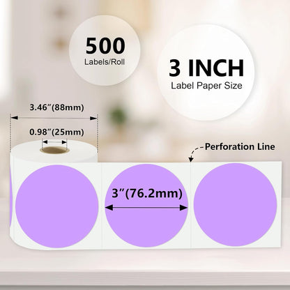 3 X 3 Inch Color Coding Dot Labels Circle Thermal Printable Waterproof 500 Pcs Round Stickers Adhesive Writable for Office, Home, Garage, DIY Sticker, Barcodes, Name Tag, Light Purple