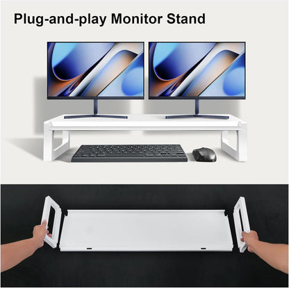 Dual Monitor Stand Riser – 28-Inch Computer Monitor Stand with Multifunctional Slot for 2 Monitors, Multi-Purpose Desktop Storage for Laptop, Printer, TV