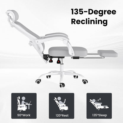 Farini Ergonomic Office Chair with Footrest, Mesh Office Desk Chair with Headrest, High Back Computer Chair with Adjustable Lumbar Support for Home Office Study Room Bedroom, White & Grey