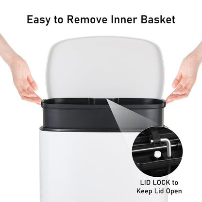 Arlopu 13.2+1.3 Gallon Step Trash Can, Stainless Steel Garbage Bin, Soft-Close Rubbish Bin with Removable Plastic Inner Bucket, Fingerprint-Proof, Lid Dustbin, for Kitchen Home (White)